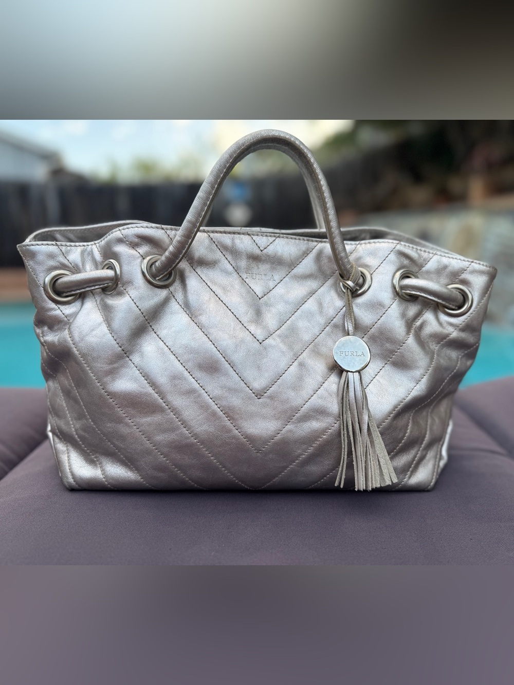 Furla Metallic Silver Leather Chevron Quilted Tote Tassel Bag VGUC Y2K